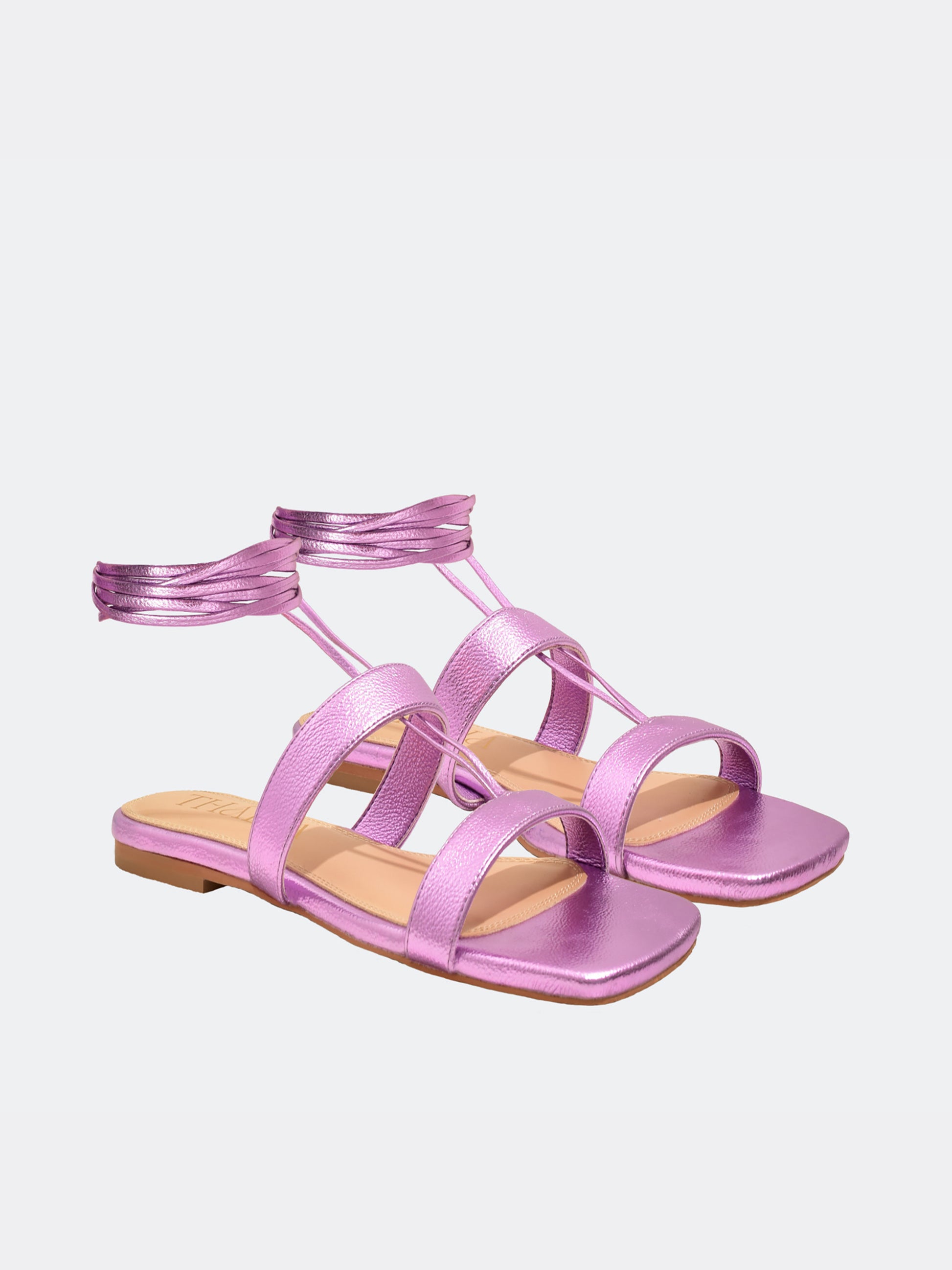 Purple Metallic Greek Style Tie Up Flat Sandals for women - level shoes