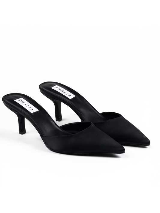 Thália PETA-approved black satin mule shoes