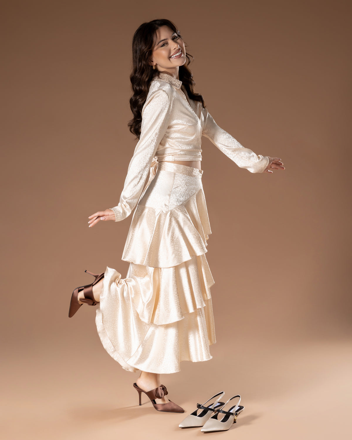 Thalia Brown Satin Jenny Mule heel and Kate Slingback in white satin with model.