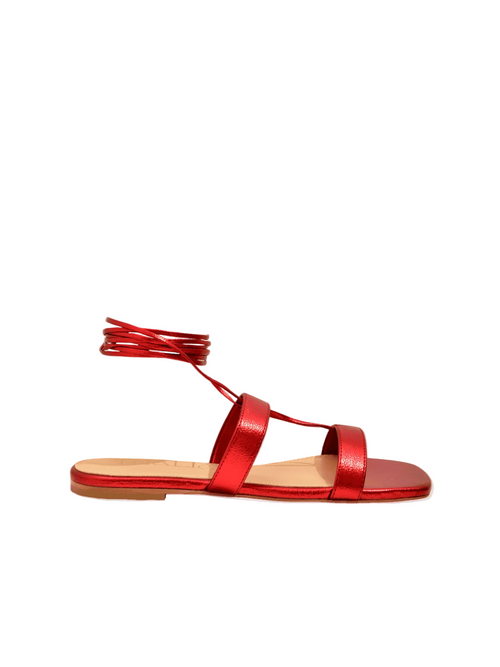 Athena Red vegan flat sandals side view – handcrafted luxury shoes by Thália