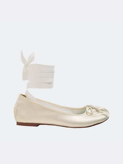 White lace up Ballerinas for Women in Satin