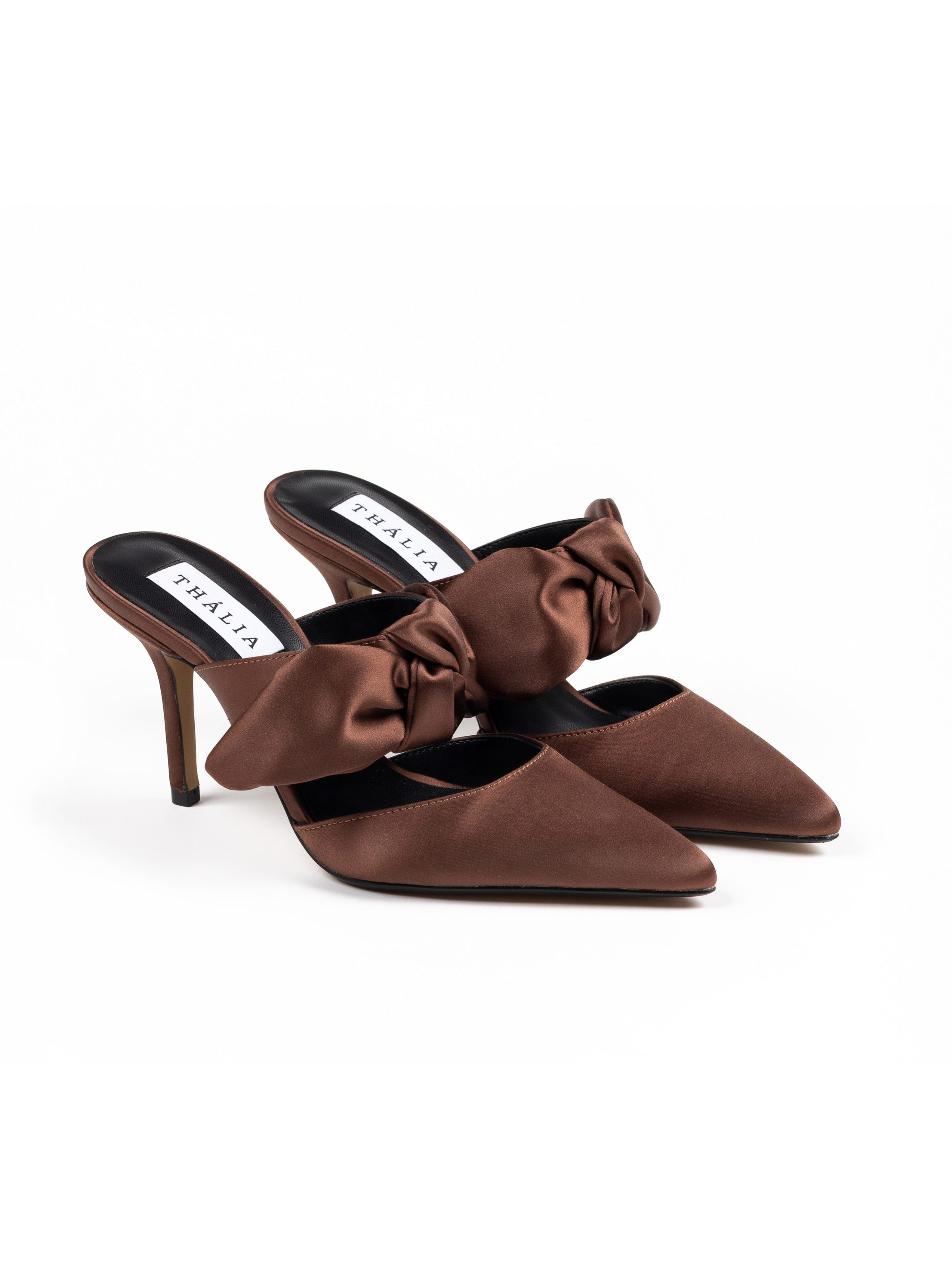 Thália PETA-approved brown satin mule shoes